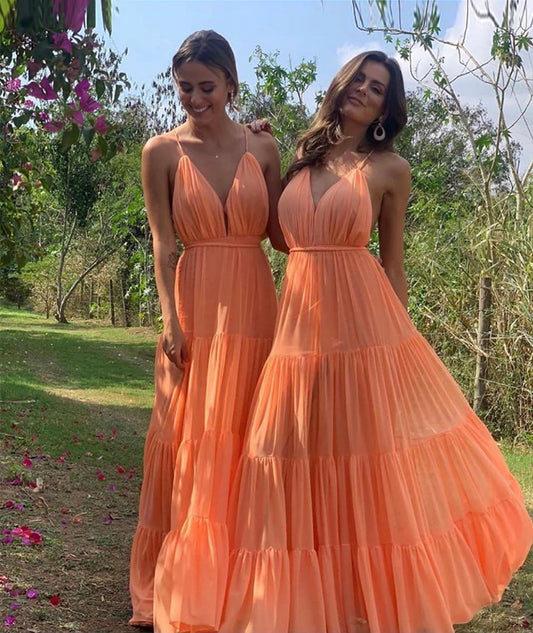 Oranges Chiffon-Ballkleid mit V-Ausschnitt, lang, schlichtes Abendkleid, cg13267