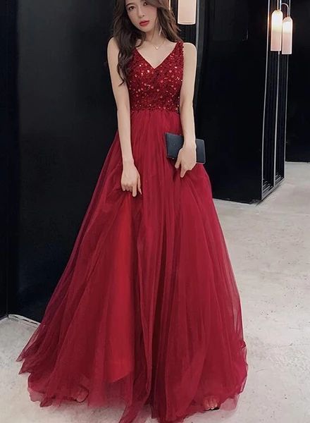 Sexy V-Ausschnitt Weinrot Tüll Bodenlanges Party-Ballkleid, Rotes Abendkleid cg13275