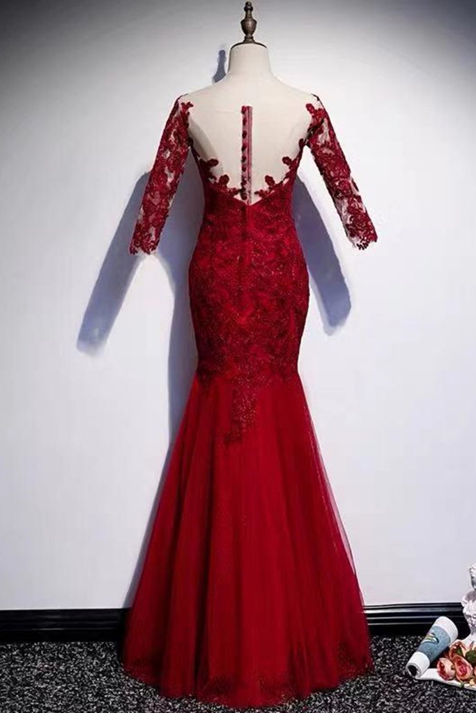 Round Neck Short Sleeves Mermaid Burgundy Lace Long Prom Dress cg13284