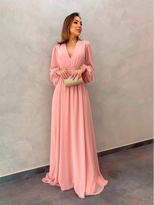 Tiefer V-Ausschnitt Ballkleid Rosa langes Abendkleid cg13289