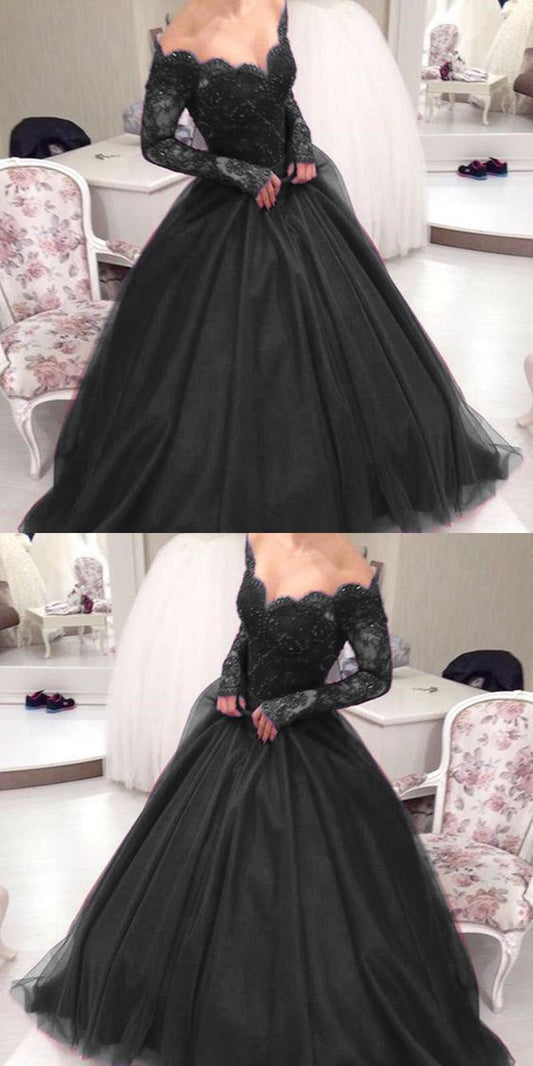 Neue Ankunft Schwarz Spitze Ballkleid Quinceanera Kleider Mit Langarm prom Kleid cg13293