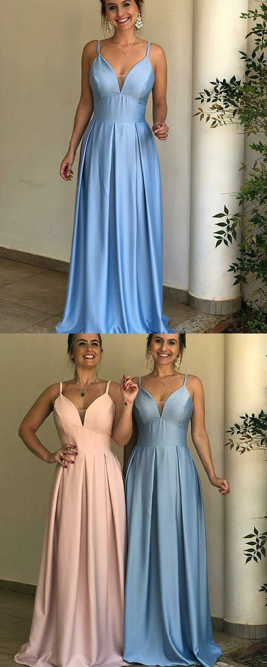 Einfaches blaues Ballkleid aus plissiertem Satin mit Spaghettiträgern cg13295