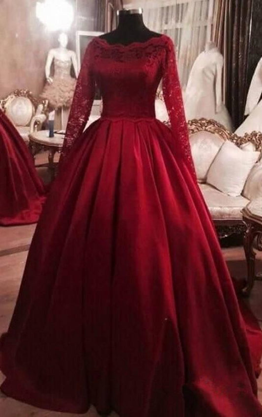Weinrotes Prinzessinnen-Ballkleid, lange Spitzenärmel, Abendkleid cg13299