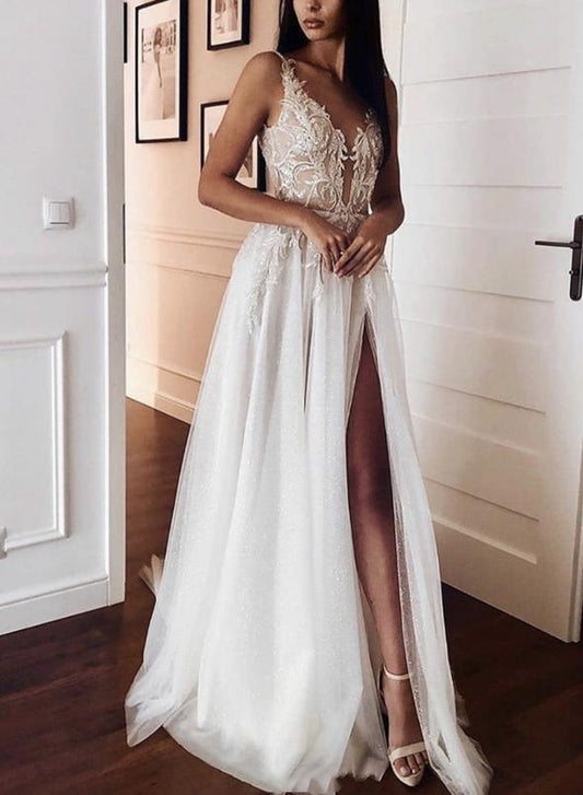 Weißes langes Ballkleid mit V-Ausschnitt und Tüllspitze, cg13301