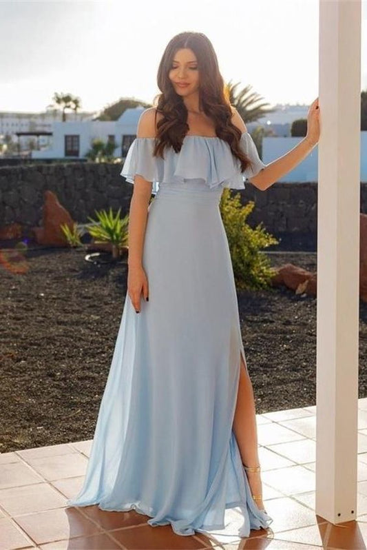 Blumen-Schulterfrei Himmelblau Chiffon Lange Elegante Ballkleider cg1331