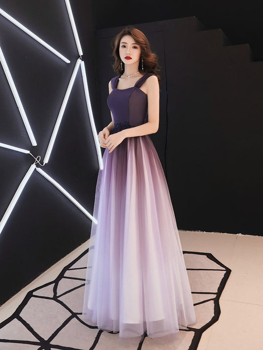 Wunderschönes langes Abendkleid aus hellviolettem Tüll mit Farbverlauf, schulterfreies Ballkleid cg13341