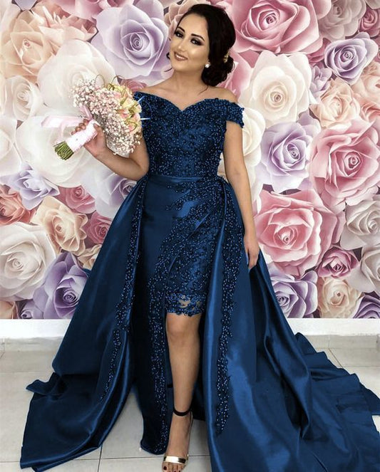 marineblaues Ballkleid mit Perlenbesatz und schulterfreiem Abschlussballkleid cg13342