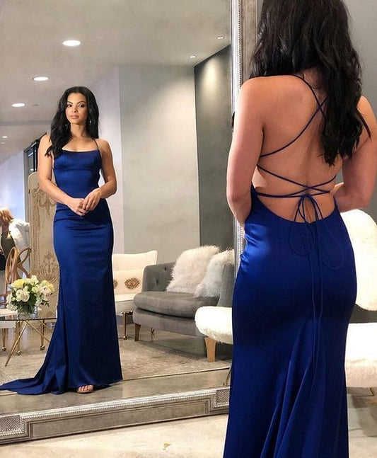 Langes Etui-Abendkleid mit Rückenöffnung aus dunklem Royalblau-Satin, Ballkleider cg13348