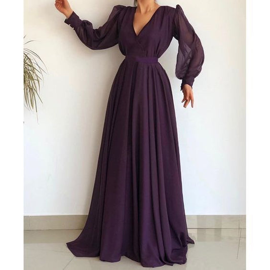 Elegantes lila Chiffon-Langballkleid in Übergröße mit V-Ausschnitt, A-Linie, Langarm, Abendkleid für Damen, cg13355