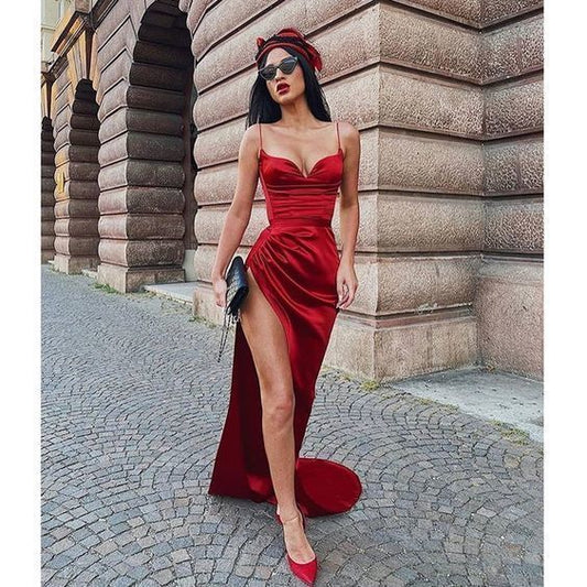 Mode Sexy Rot Ballkleider Spaghetti Strap Hoher Schlitz cg13356