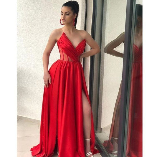 Herzförmiger Ausschnitt Rote Ballkleider Illusion Mieder Schlitz Satin Elegante A-Linie Formales Abendkleid Lange Abschlusskleider cg13357