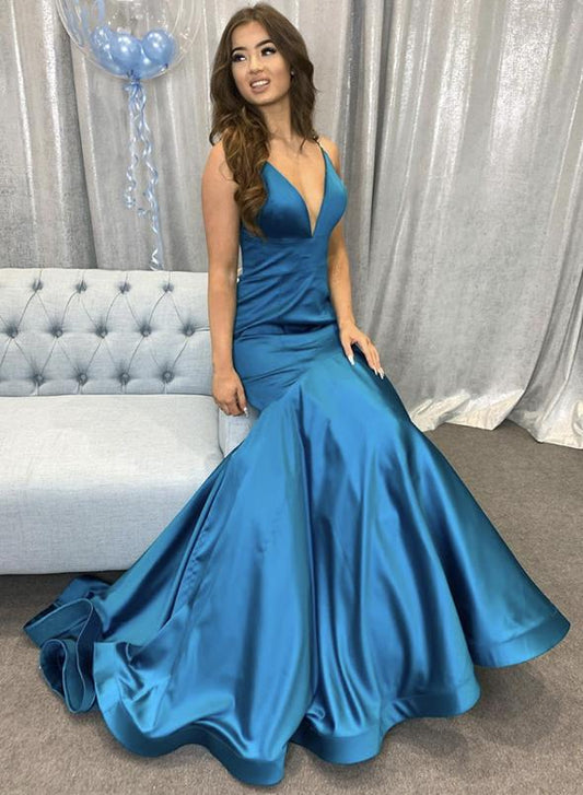 Blaues langes Ballkleid aus Satin, blaues Abendkleid, cg13365