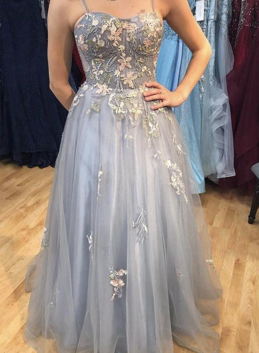 Graues langes Ballkleid aus Tüllspitze, graues Abendkleid cg13366