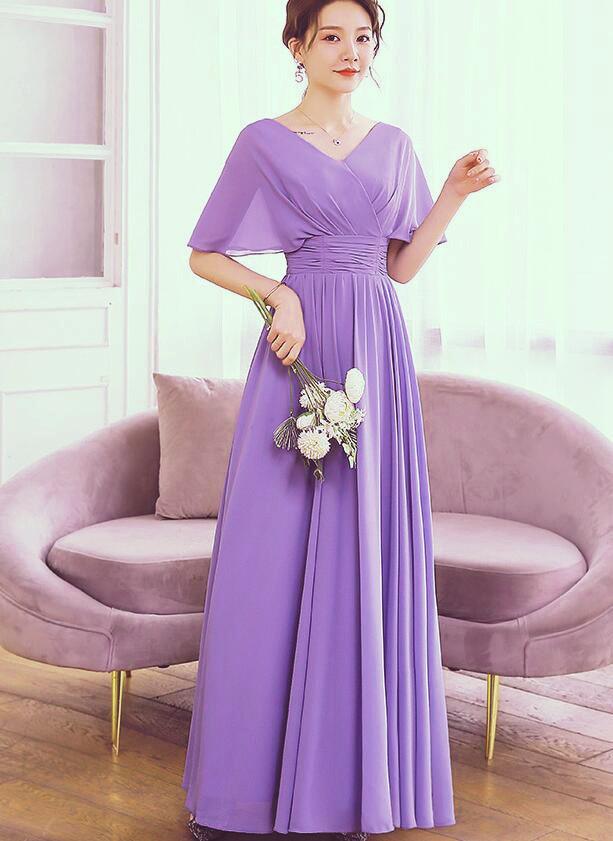 Beautiful Light Purple Chiffon V-Neckline Prom Dress, A-Line Floor Length Bridesmaid Dress cg13370