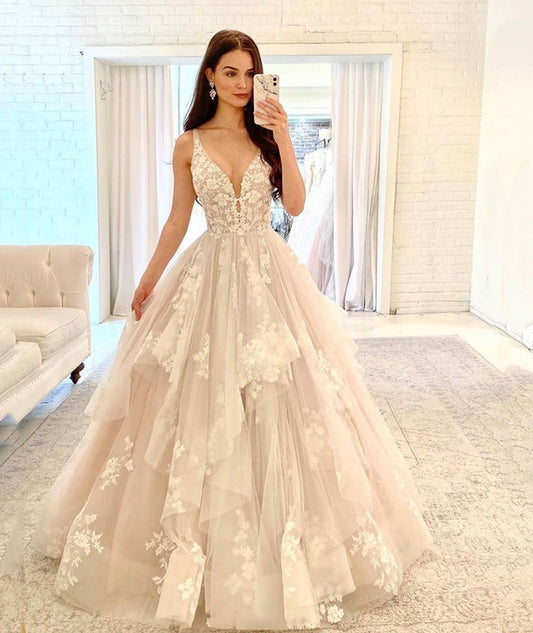 A-Linie, V-Ausschnitt, Tüll, Spitze, langes Ballkleid, Abschlussballkleid, formelles Kleid, cg13374