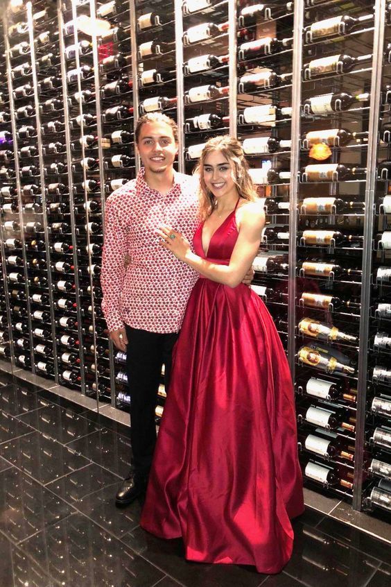 Wine Red Satin a-Line Long Prom Gown, V-neck Prom Dresses, Spaghetti Strap Formal Dresses cg13376