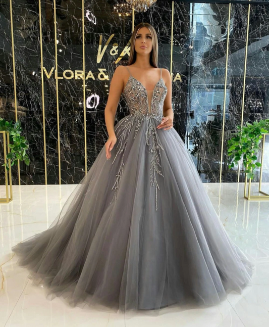 Perlenbesetzte Ballkleider 2021 Afrikanische A-Linie Silbernes Träger V-Ausschnitt Abendkleid in Übergröße Formale Party Pageant Kleider cg13377