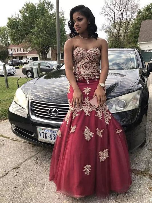 Afrikanische Burgunder Ballkleider Tüll Meerjungfrau Schatz Langes Partykleid Perlen Goldapplikationen cg13384