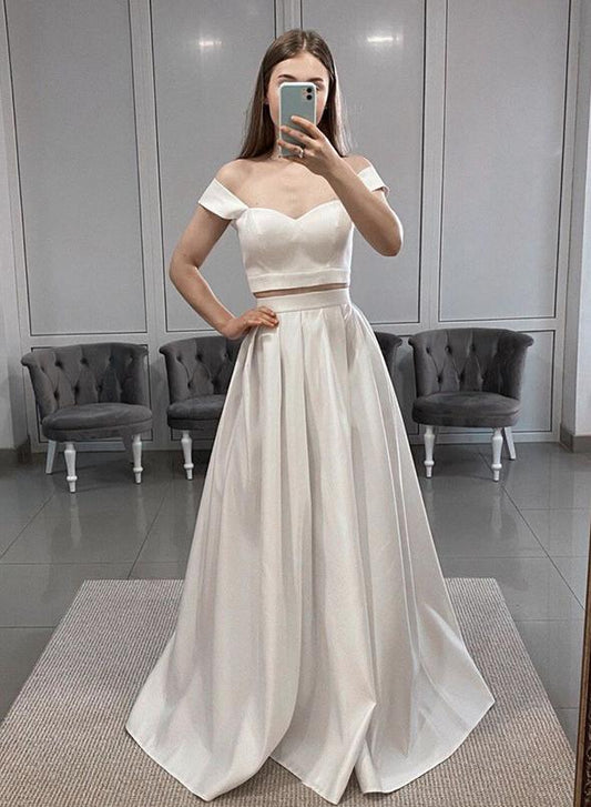 Weißes langes Ballkleid aus Satin, zweiteiliges Abendkleid, cg13387