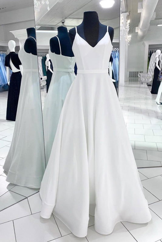 Weißes langes Ballkleid aus Satin mit V-Ausschnitt, weißes Abendkleid cg13389