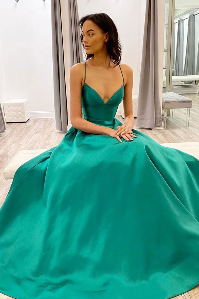 SIMPLE GREEN V NECK SATIN LONG PROM DRESS GREEN EVENING DRESS cg13391