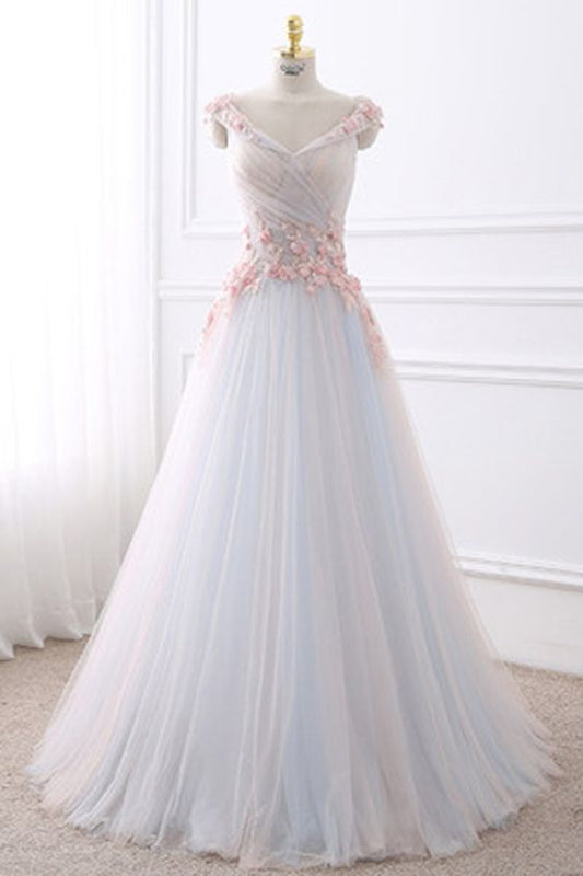 Weißer Tüll V-Ausschnitt langes Blumenmuster Sweet 16 Ballkleid cg1342