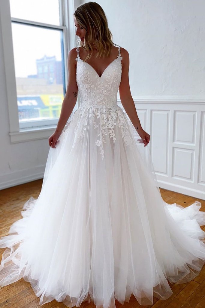 WHITE V NECK TULLE LACE LONG PROM DRESS WHITE FORMAL DRESS cg13427