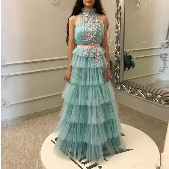 Tiered Evening Gowns With Floral Applique Long Formal Party long prom Dress cg13433