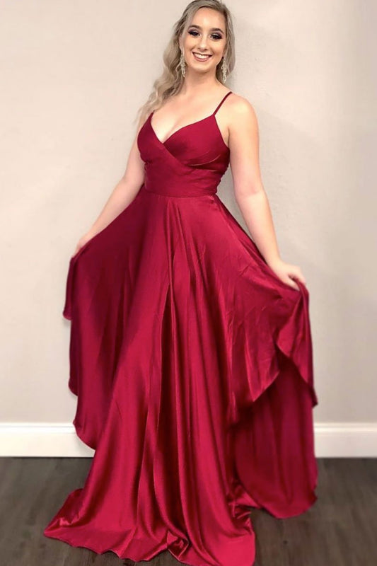 langes Ballkleid Einfaches burgunderrotes Satin-Abendkleid langes Brautjungfernkleid cg13450