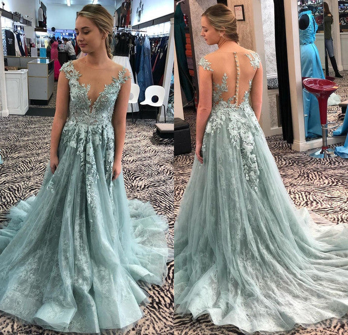 Custom Prom Dress,A-Line Prom Gown,O-Neck Evening Dress,Appliques Prom Gown cg13451