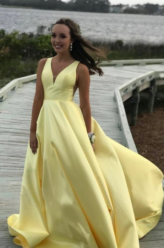 Elegantes Prinzessinnen-Abendkleid mit V-Ausschnitt, lang, Gelb, pegantes Abendkleid, cg13470