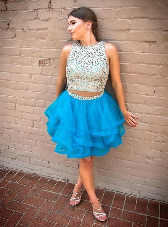 Two Piece Short Blue Tulle Lace Homecoming Dress cg13481