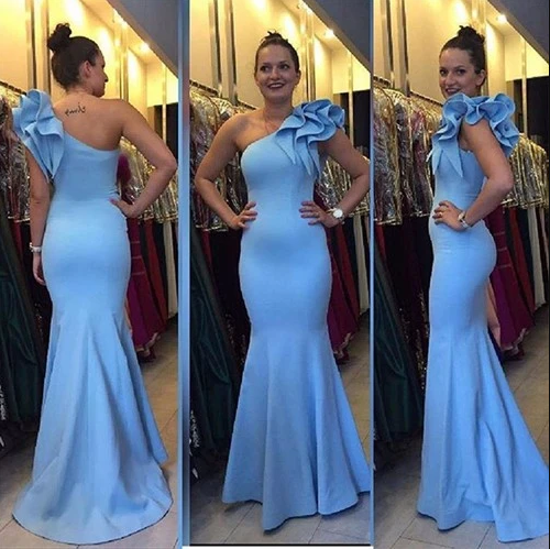 2020 Cheap Mermaid Prom Dresses One Shoulder Formal Evening Party Dress Light Blue Special Occasion Gowns cg13489