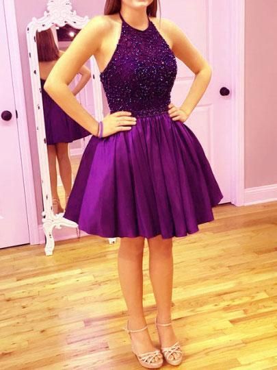 Short Open Back Party Dress,Purple Homecoming Dress,Halter Neckline Pu classygown Short Open Back Party Dress,Purple Homecoming Dress,Halter Neckline Pu classygown