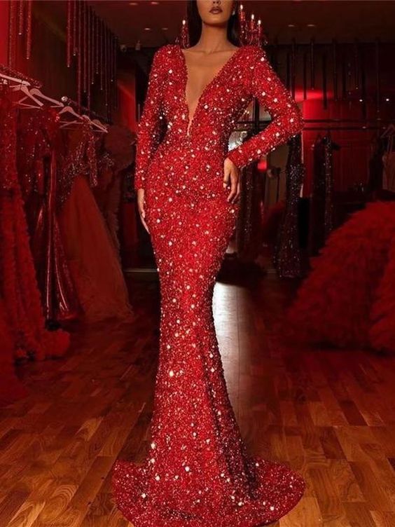 Sparkling Long Red Dress Sexy Deep V-Neck Long Sleeve Bodycon Evening prom Dress cg13497