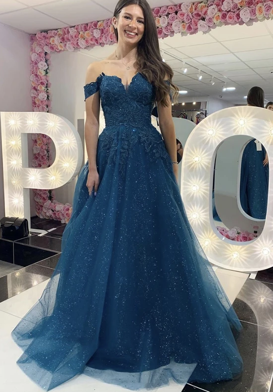Blue tulle lace long prom dress blue evening dress cg13503