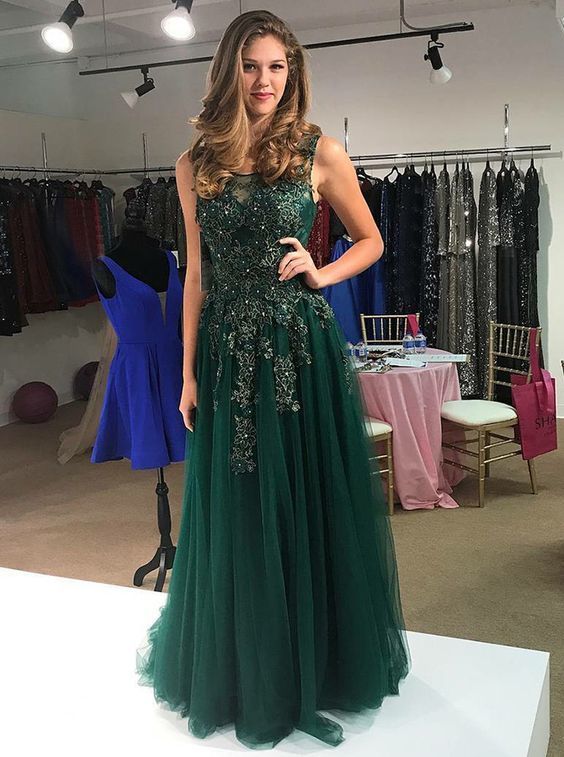 A-Line Round Neck Dark Green Prom Dress with Appliques Sequin Evening Dress cg13516