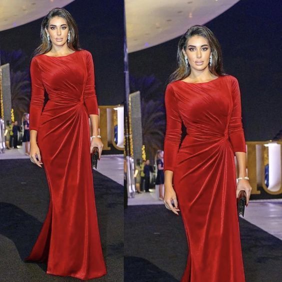 Red prom dresses long sleeve pleats mermaid velvet evening dresses gowns cg13519