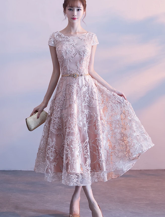 Süßes Brautjungfernkleid mit Flügelärmeln und Spitze in Teelänge, Heimkehrkleid cg13535