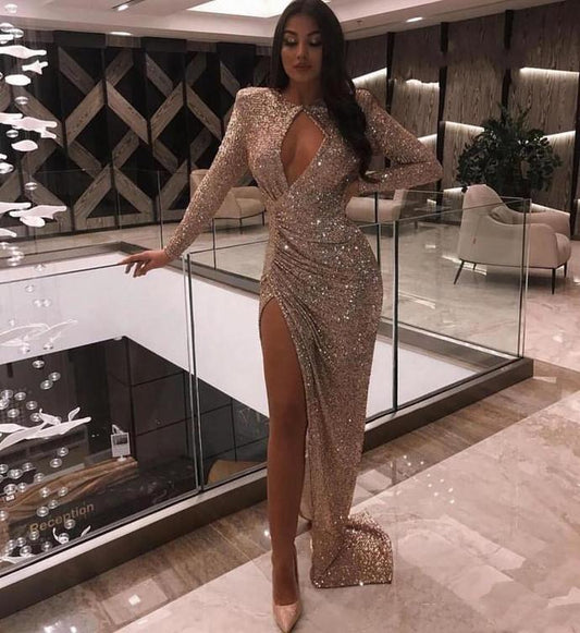 Sexy Langarm Meerjungfrau Abendkleider 2020 Pailletten High Split Abendkleider Formelle Kleidung Ballkleid cg13545