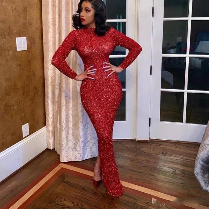 2020 Middle East Long Sleeve Mermaid Evening Dresses Shining Sequined Prom Dress cg13546