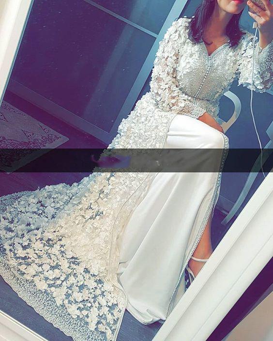 white prom dresses 2020 v neck hand made flowers 3d flowers long sleeve pearls evening dresses gowns cg13549