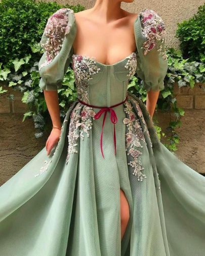 Elegant Mint green Puff Sleeve Evening prom Dress with Slit cg13560