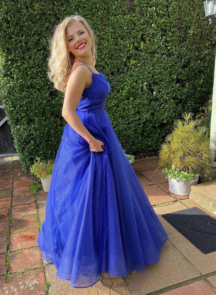 Blue tulle sequins long prom dress evening dress cg13561