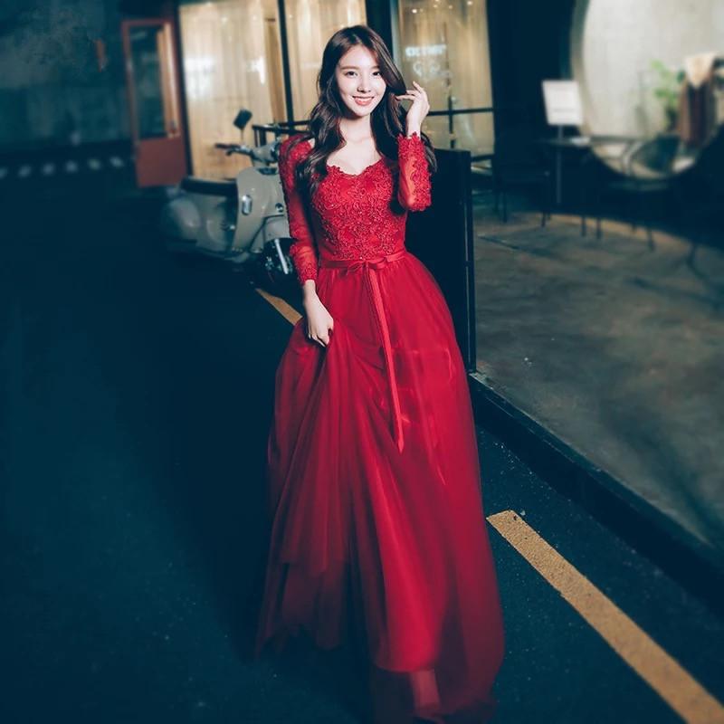 Beautiful Wine Red Long Sleeves Tulle Party prom Dress, Red Long Formal Gown cg13564