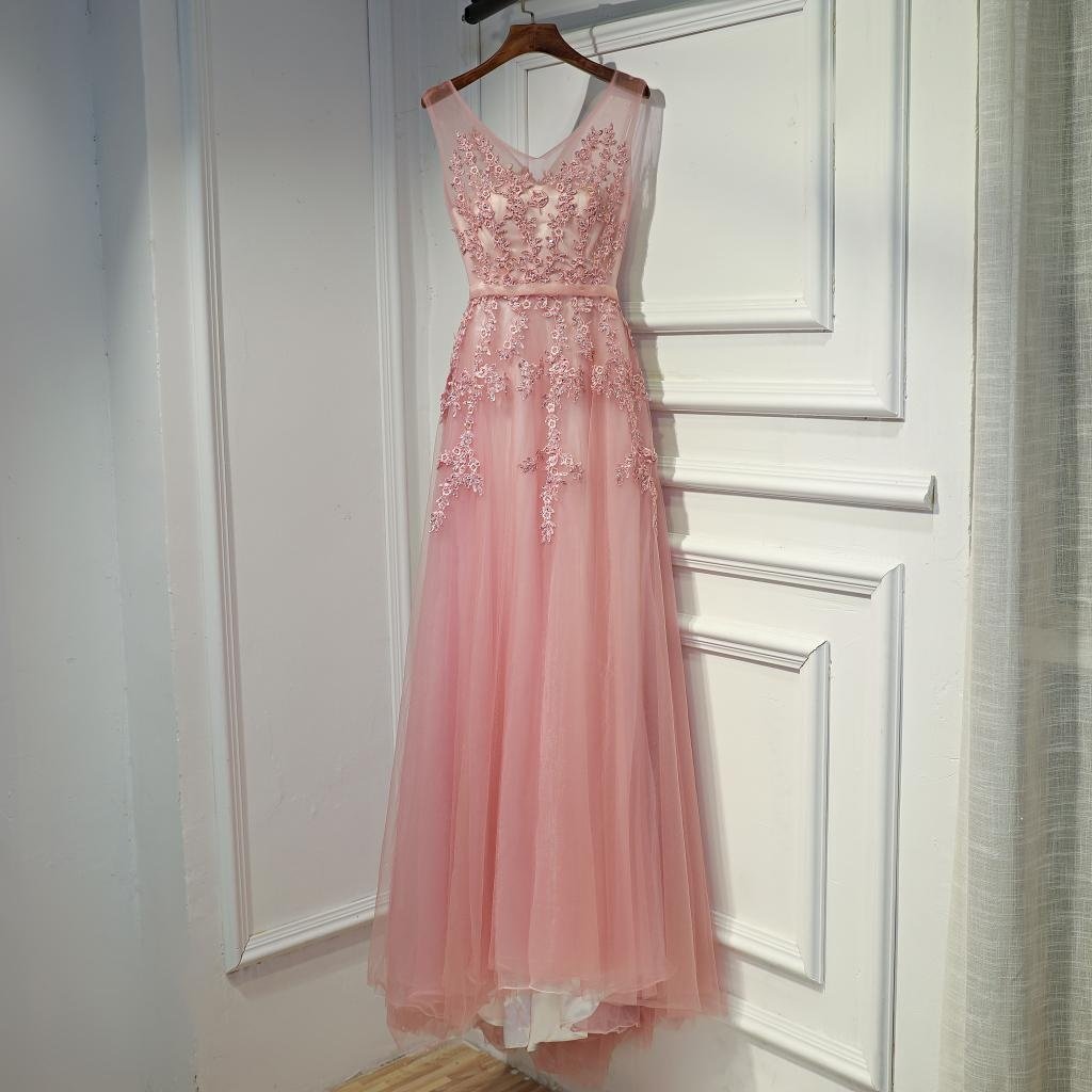 Pink V-Neckline Tulle Long Party Dress, Pink Prom Dress Formal Dress cg13565
