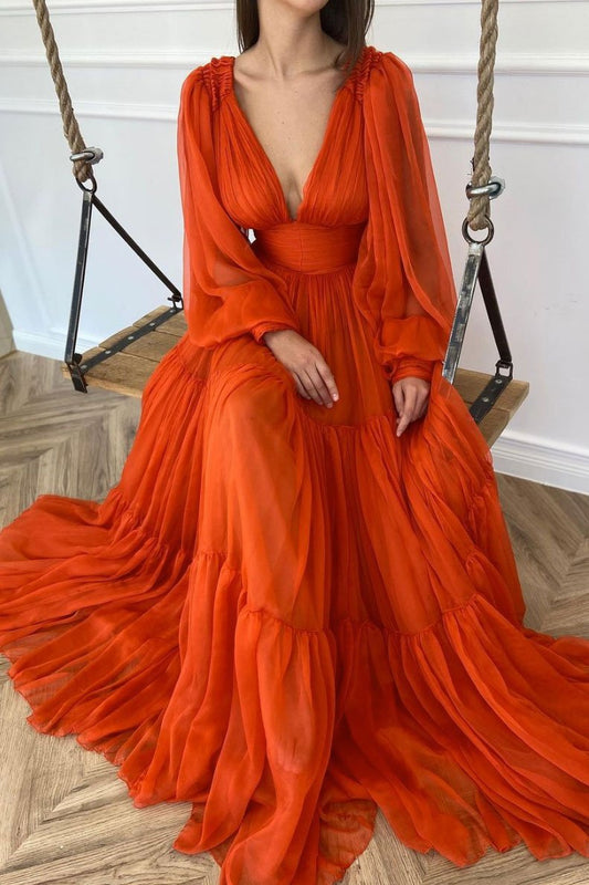 Oranges langes Chiffon-Ballkleid mit V-Ausschnitt, oranges Abendkleid cg13567
