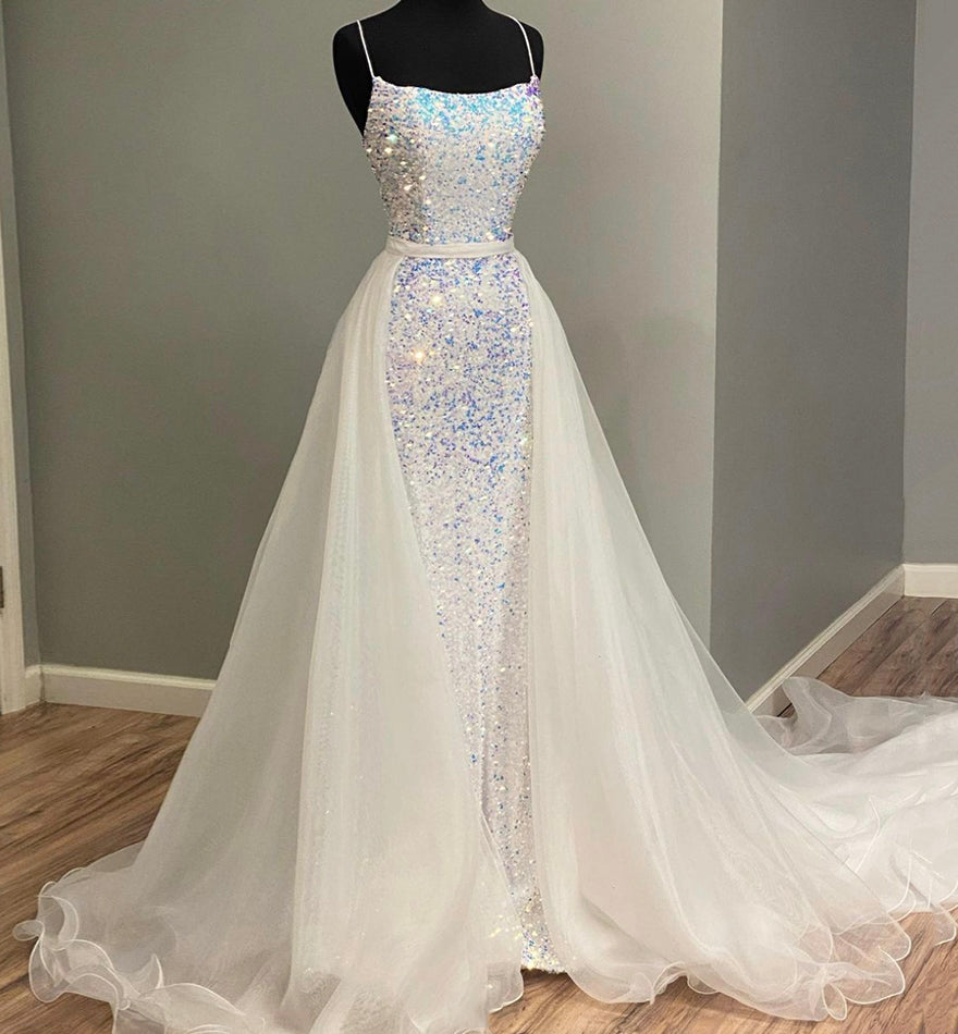 WHITE TULLE SEQUINS LONG PROM DRESS WHITE EVENING DRESS cg13570