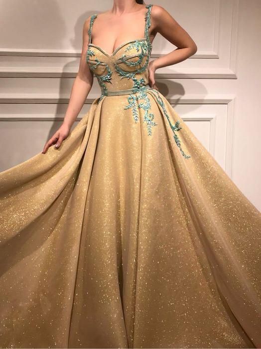 A Line Spaghetti Straps Sweetheart Gold Rhinestone Sparkly Appliques Prom Dresses cg13575