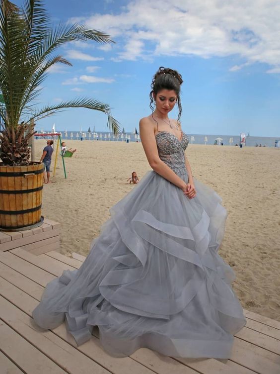 Gray tulle lace long prom dress, gray tulle formal dress cg13576